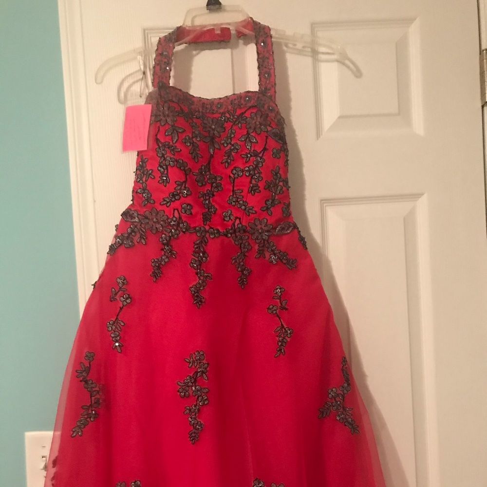 Pink Girls Pageant Dress with Black Detailing